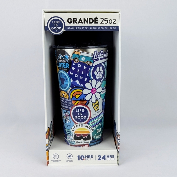 Life Is Good Grandé 25oz Tumbler Stainless Steel Insulated Sticker Collage NIB